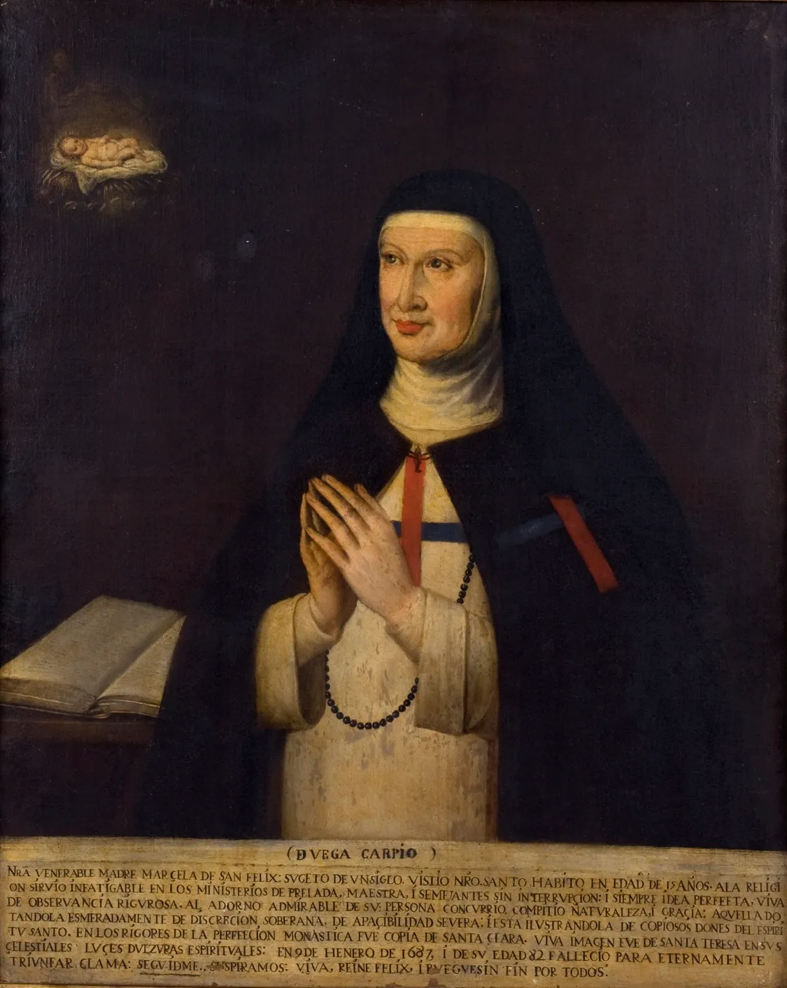 Portrait of a nun in a black habit with a white wimple, hands clasped in prayer, with an open book and a small religious scene in the background
