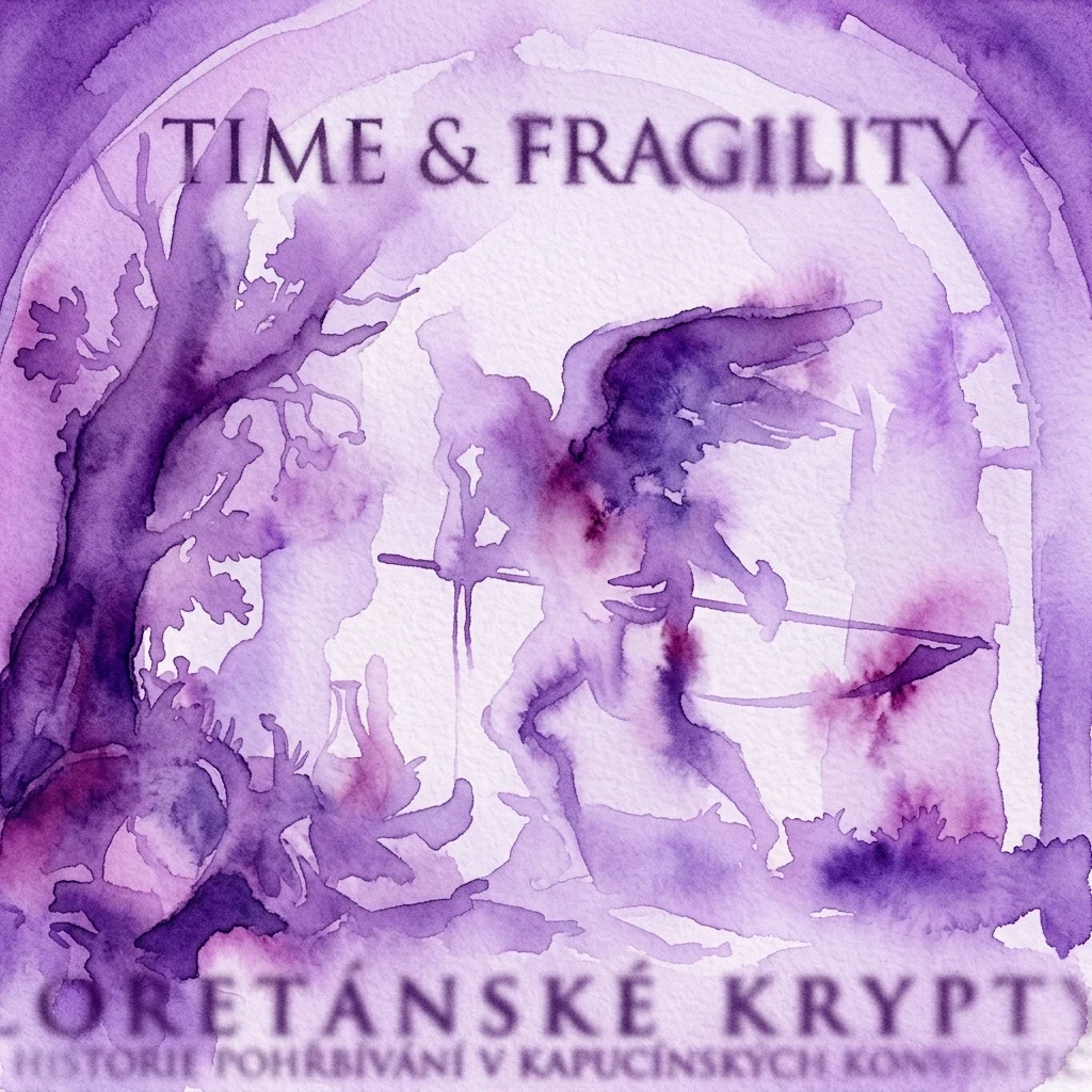 Watercolor artwork titled 'Time & Fragility' depicting a winged figure with a scythe in a purple-toned Baroque crypt interior, part of the Ars Moriendi exhibition at Loretánské Krypty.