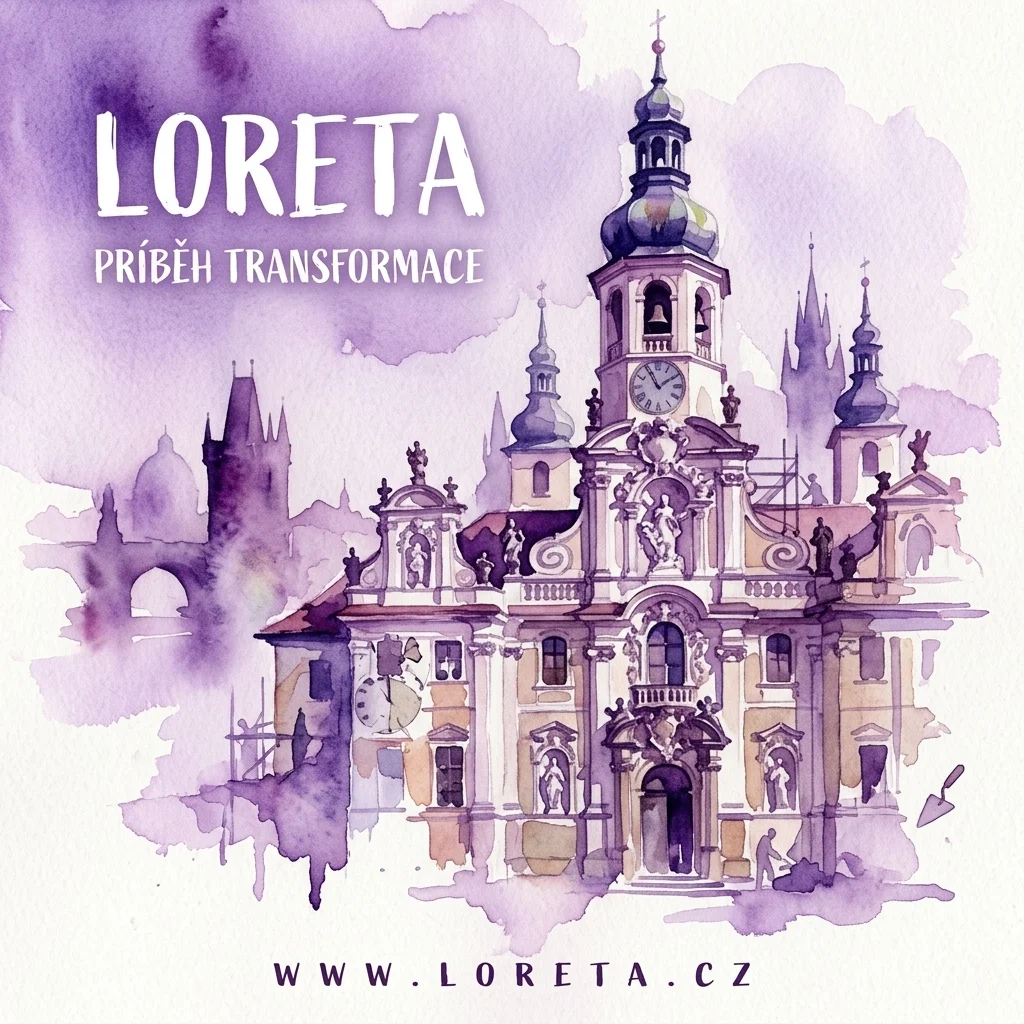 Watercolor illustration of the ornate Baroque Loreto facade in Prague, featuring intricate sculptures, a clock tower, and scaffolding indicating ongoing restoration.