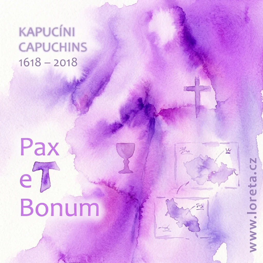 Purple watercolor artwork for the 'Pax et Bonum' exhibition, featuring the Capuchin Order's history from 1618-2018 with symbols of a cross, chalice, and regional maps.