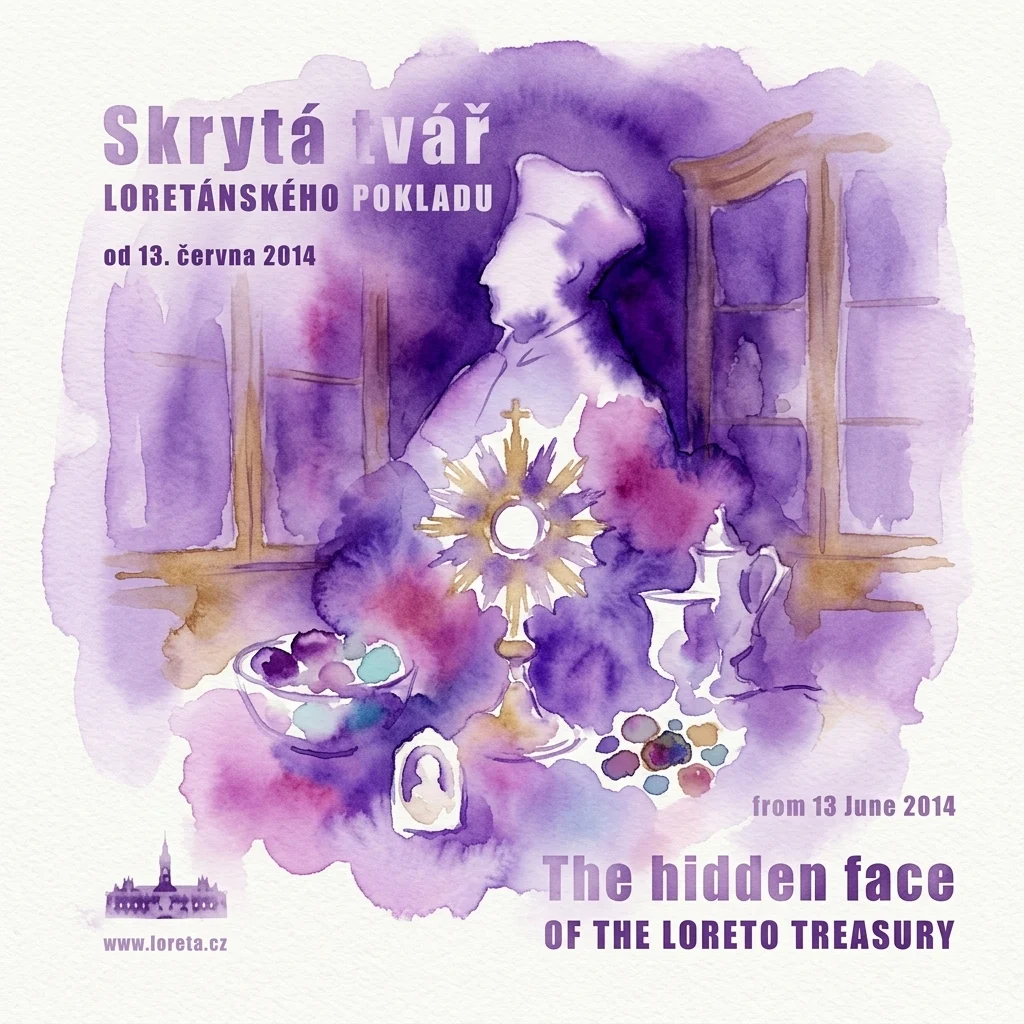 Watercolor illustration of religious artifacts including a monstrance, chalice, and sacred objects in a dimly lit treasury setting, promoting the exhibition 'The Hidden Face of the Loreto Treasure' from June 13, 2014.