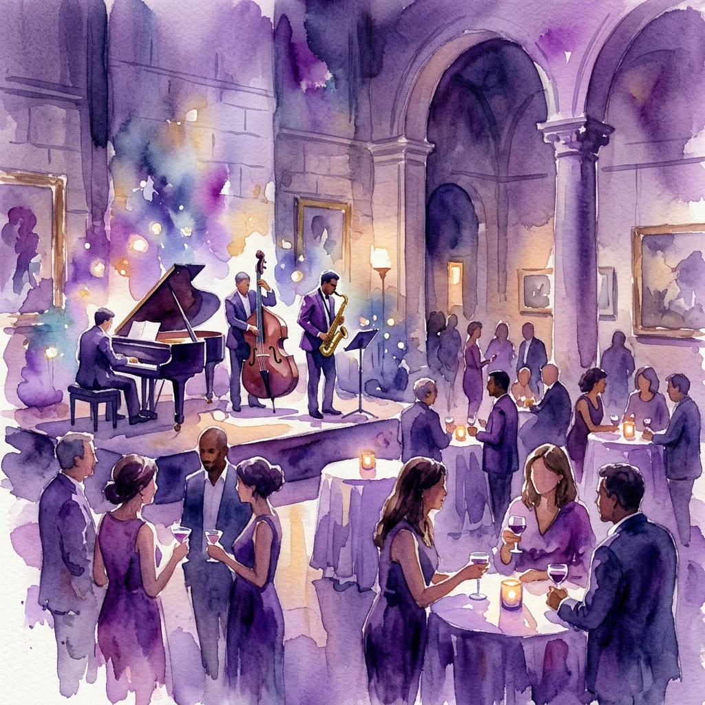 Een aquarelillustratie van een jazztrio dat optreedt op een klein podium in een museumgalerij, met gasten die zich mengen en genieten van drankjes onder zacht paars licht.