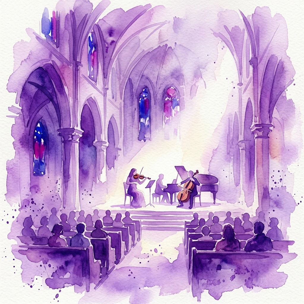 Waterverfillustratie van een kerkinterieur met een muzikaal trio dat op het podium optreedt, waaronder een violist, cellist en pianist, met een publiek dat op de kerkbanken zit onder een schijnwerper.
