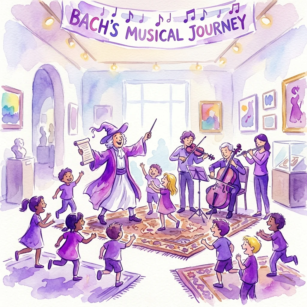 Een fantasierijke aquarelillustratie van kinderen en muzikanten in een museumgalerij, met een verteller in een paarse gewaad die een muzikale uitvoering leidt onder een spandoek met de tekst 'Bach's Muzikale Reis'.