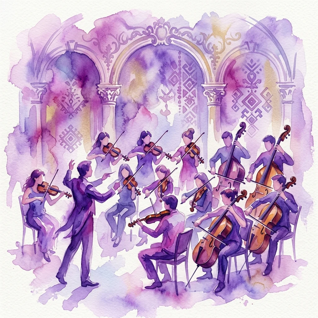 Een aquarelillustratie van een strijkorkest dat optreedt met een dirigent, tegen een achtergrond die barokke architectuur en Balkanmotieven combineert, ter representatie van het Bachweek: Back to Bach-evenement.
