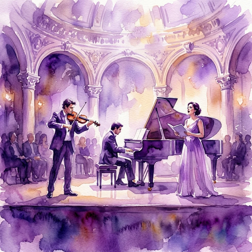 Een aquarelillustratie van een klassiek trio dat optreedt in een sierlijke concertzaal, met een violist, pianist en sopraan, als onderdeel van het programma van Bachweek ter ere van vrouwelijke componisten.