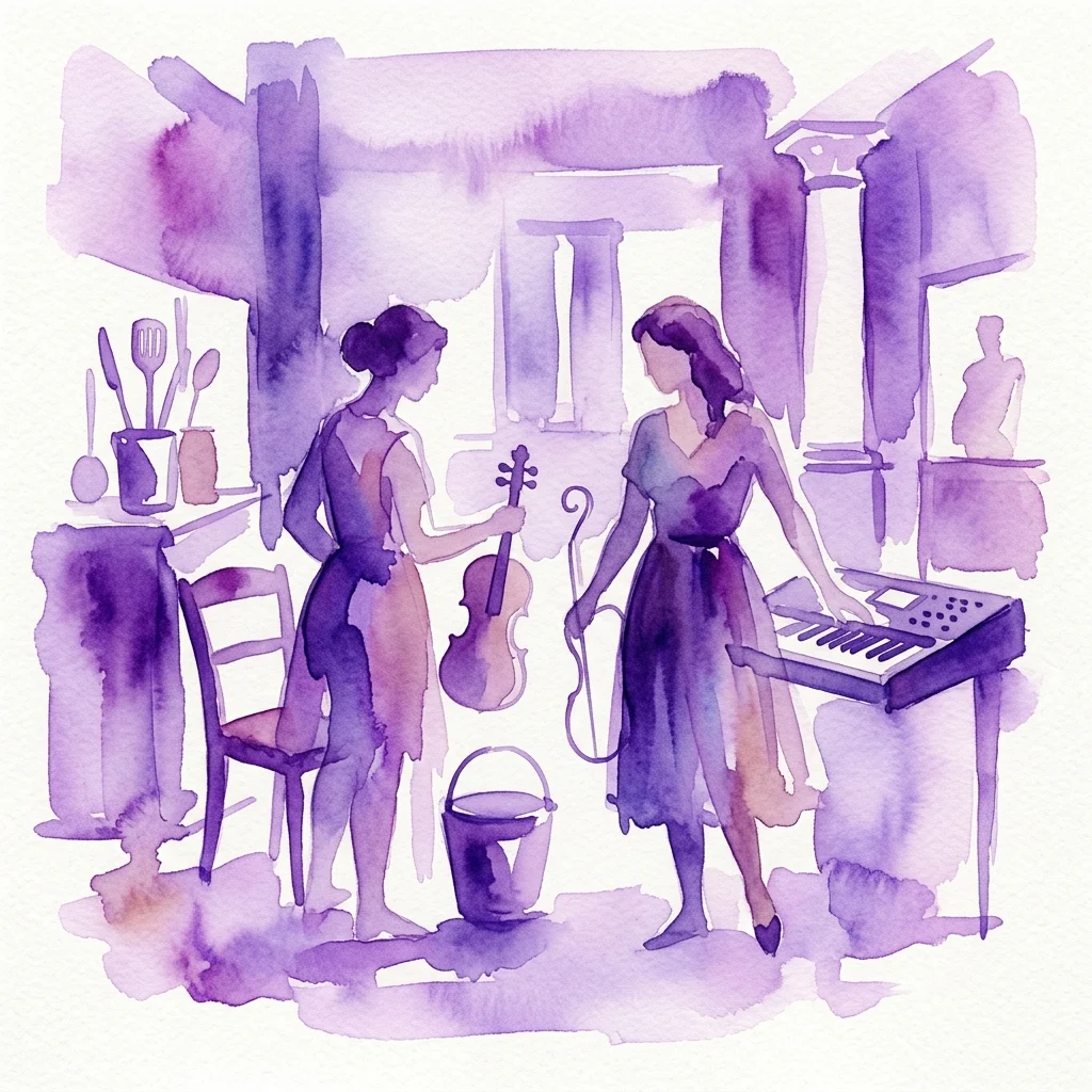 Waterverfillustratie van twee vrouwen in een museumsetting, de een met een viool en de ander aan een toetsenbord, omringd door alledaagse voorwerpen en klassieke instrumenten, reflecterend op thema's van mannelijkheid door middel van muziek en theater.
