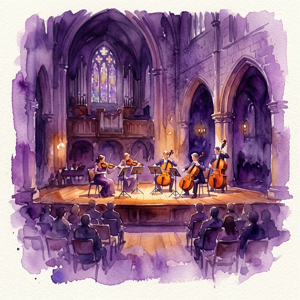 Waterverfillustratie van een klassiek concert in een kerkzaal, met muzikanten die strijkers bespelen op het podium met een pijporgel en glas-in-lood op de achtergrond.