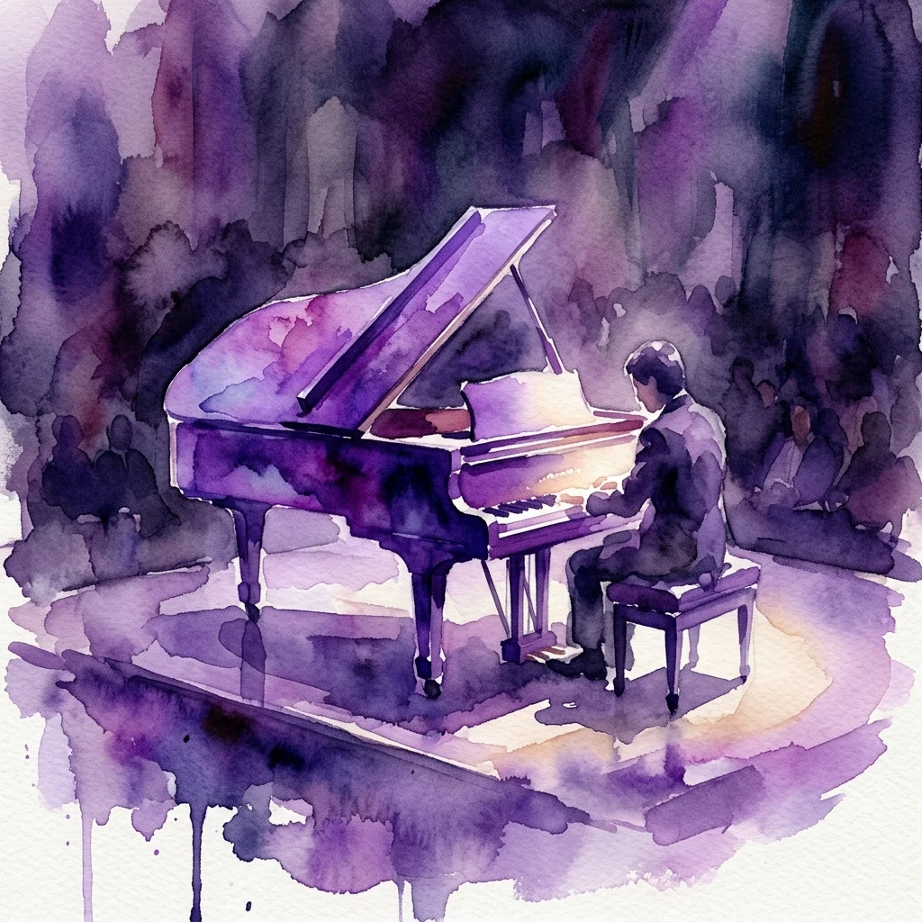 Een aquarel van een pianorecital in een schemerige concertzaal, met een pianist onder zachte schijnwerpers, wat een sfeer van klassieke muziek oproept.