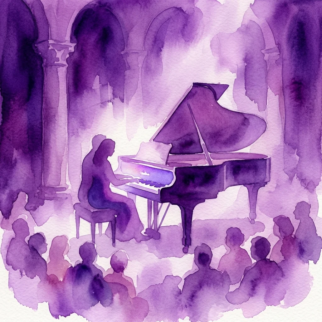 A watercolor illustration of a grand piano performance in a historic hall, with a pianist playing before an audience under soft purple lighting.