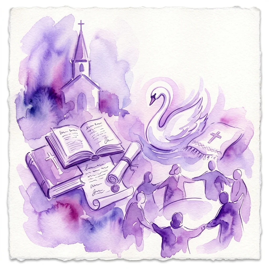 Watercolor illustration of a church, open book, scroll, swan, communion cloth, and people in a circle, representing the Duurzaam Luthers Erfgoed project.
