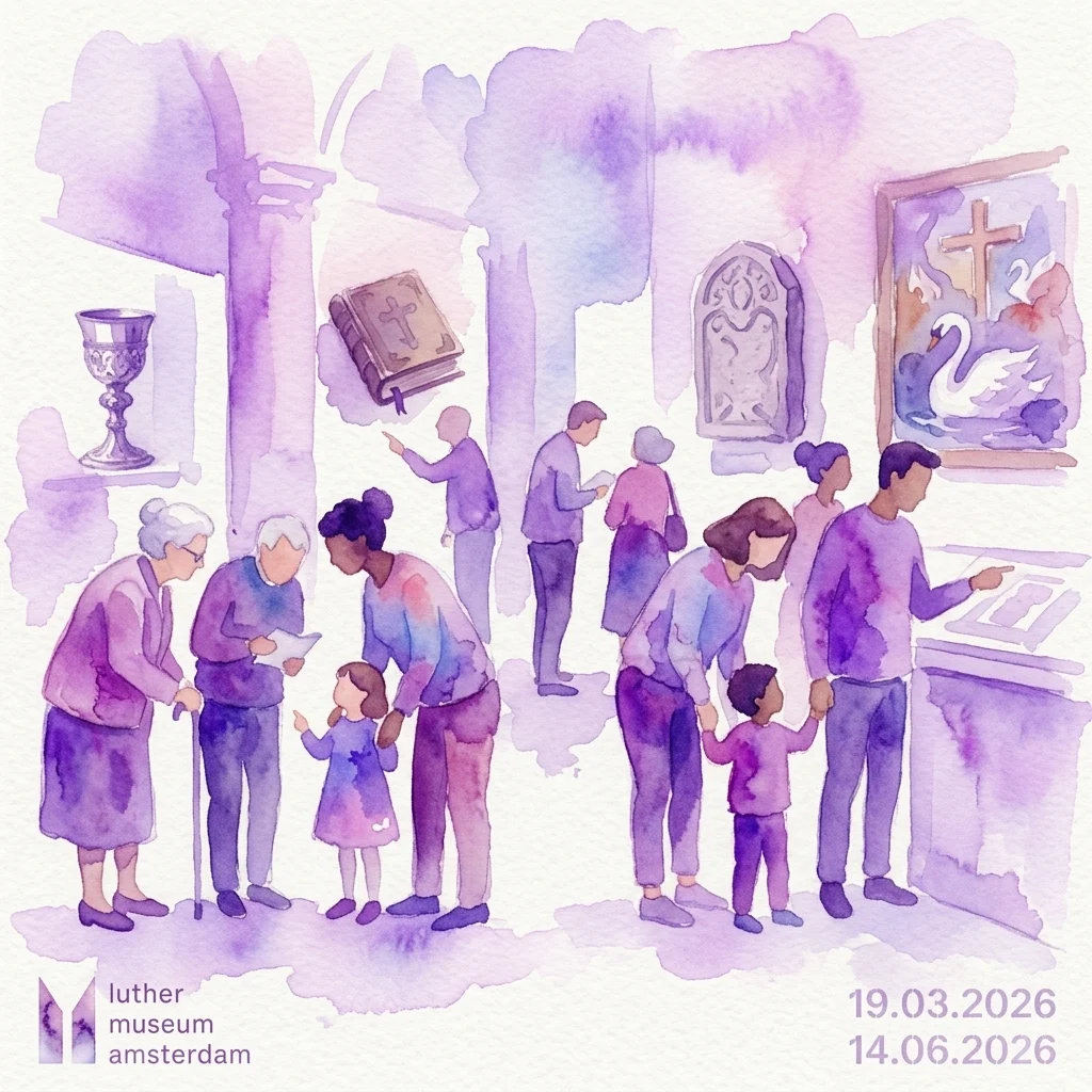 Een aquarelillustratie van diverse bezoekers die tentoonstellingen in het Luther Museum Amsterdam verkennen, met religieuze artefacten zoals een kelk, boek en kruis op display, tijdens een gemeenschapsevenement.