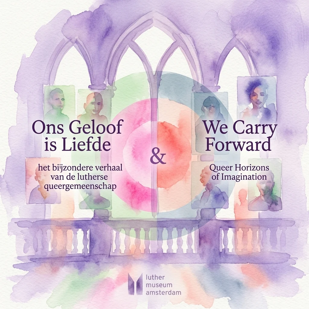 Aquarelillustratie van een kerkraam met diverse portretten en de tekst 'Ons Geloof is Liefde & We Carry Forward' voor het Luther Museum Amsterdam.