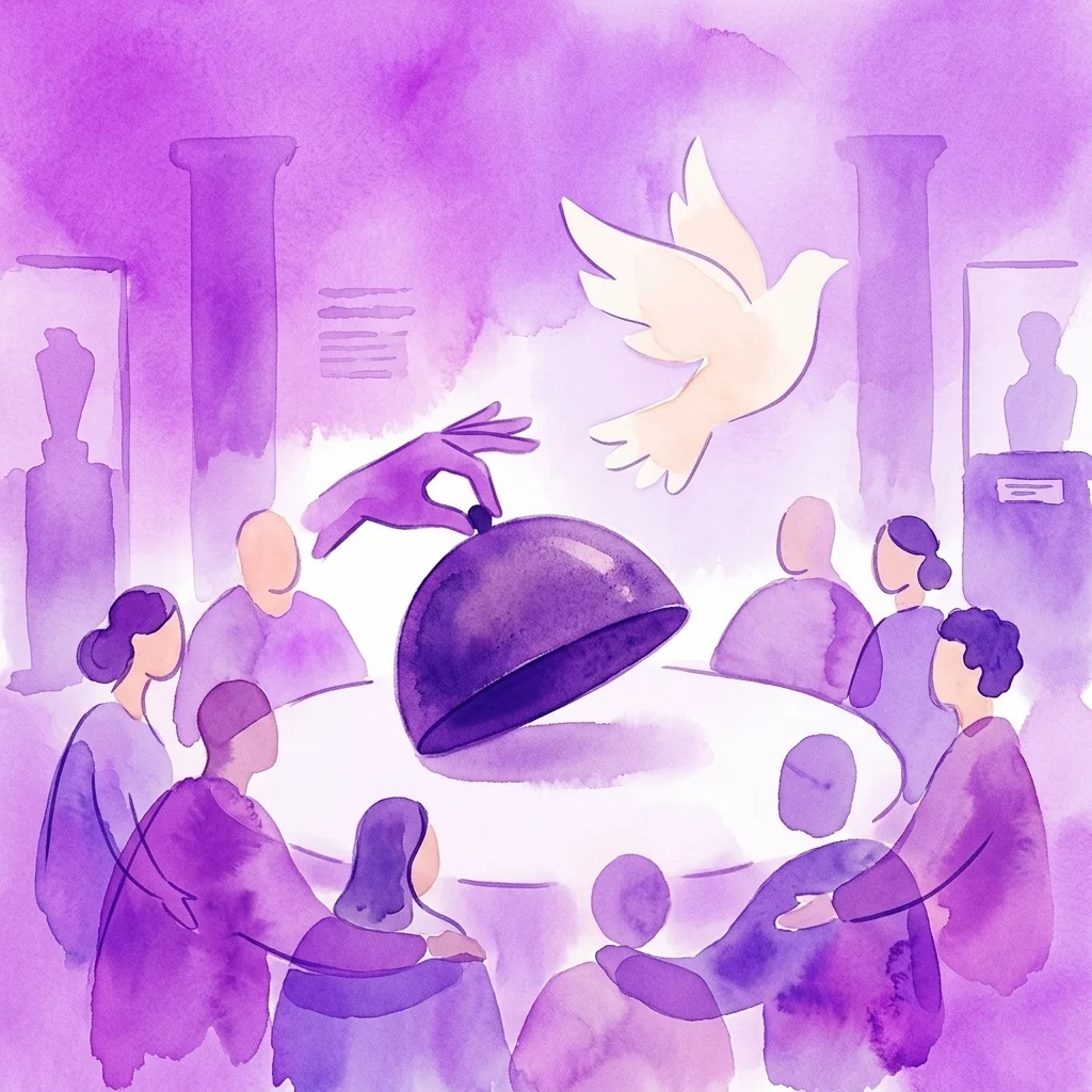 Een aquarelillustratie van een gemeenschap die samenkomt rond een tafel met een afgedekt gerecht, een duif die erboven vliegt, en museumtentoonstellingen op de achtergrond, die het Vrijheidsmaaltijd-evenement in het Luther Museum symboliseren.