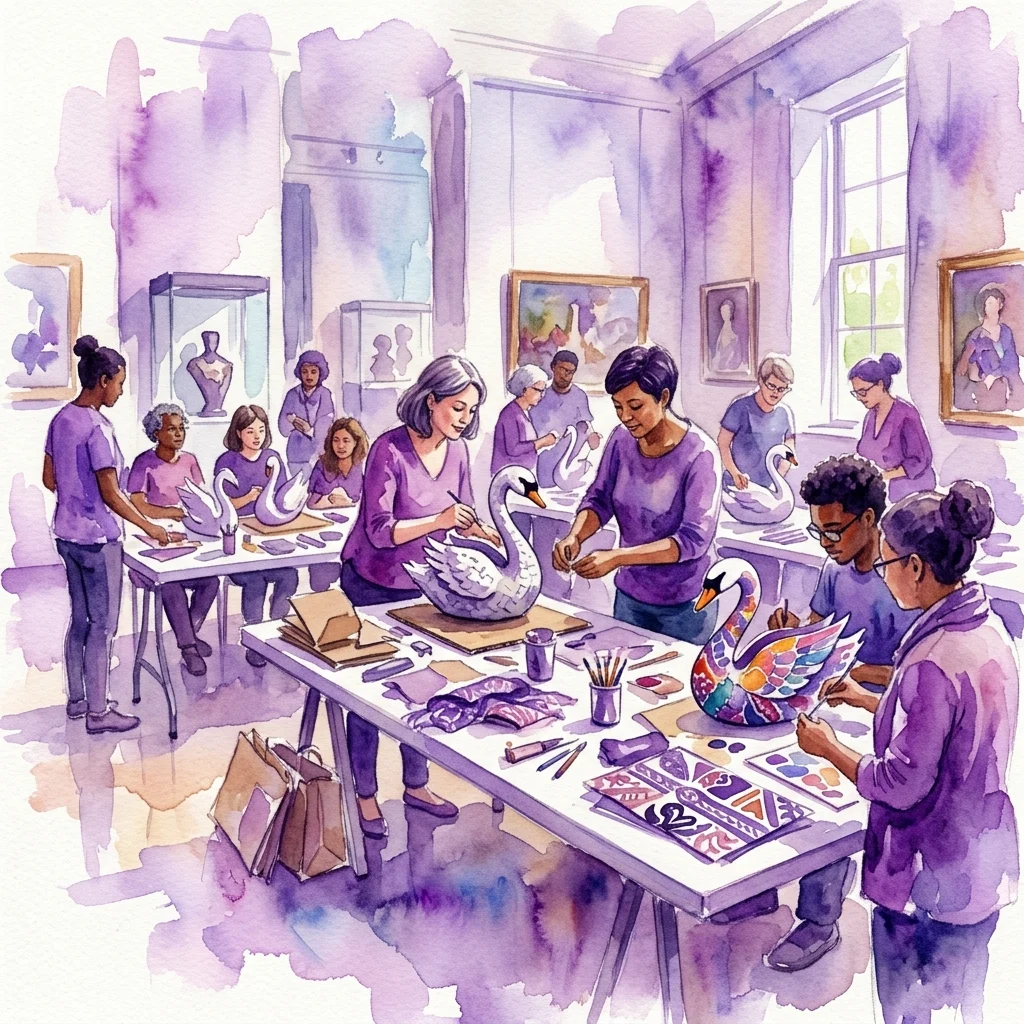 Deelnemers aan een museumworkshop creëren zwanensculpturen en erfgoedcollages van gerecyclede materialen, als onderdeel van de Zwaan Kleef Aan activiteit voor de tentoonstelling 'Onder de Zwaan'.