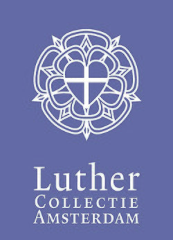 Purple background with white circular emblem containing a cross and floral patterns, with 'Luther Collectie Amsterdam' text below