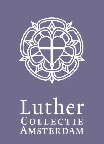 White logo on purple background showing a circular emblem with a heart and cross, with text Luther Collectie Amsterdam below