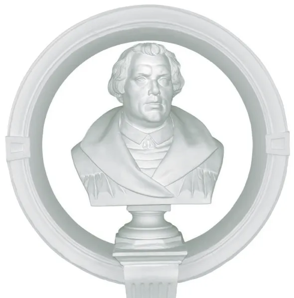 White marble bust of a man in historical attire, framed by a circular architectural element