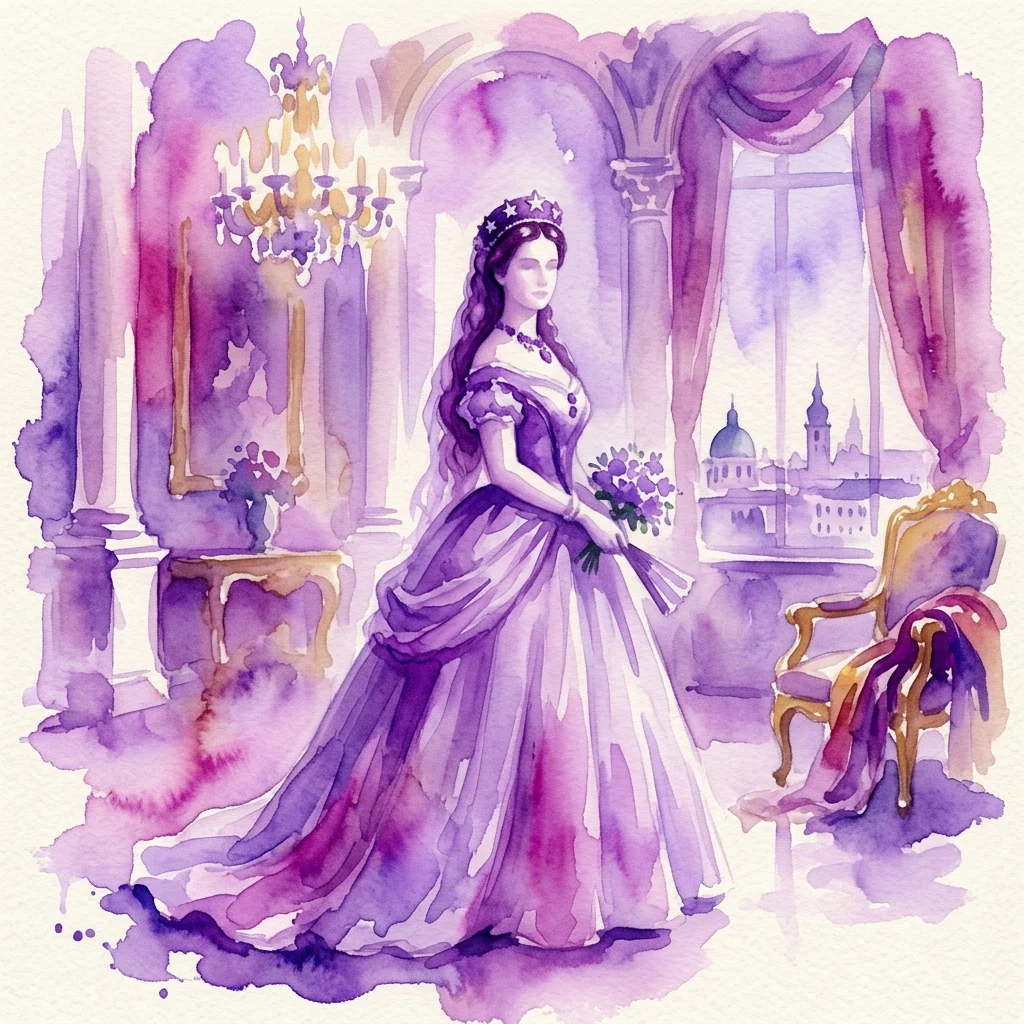 Una ilustración en acuarela de la emperatriz Isabel de Austria con un vestido morado, sosteniendo flores en el interior de un gran palacio con candelabros y vistas a la ciudad.
