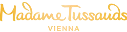 Logo de Madame Tussauds Viena con texto cursivo dorado sobre fondo negro