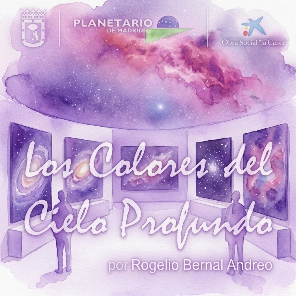 An artistic rendering of an exhibition at the Planetario de Madrid featuring large-format astronomical photographs by Rogelio Bernal Andreo, showcasing galaxies and nebulae in vibrant purple and pink hues.