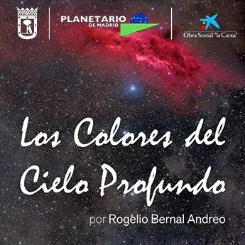 Madrid Planetarium logo and exhibition title 'Los Colores del Cielo Profundo' over a cosmic nebula image
