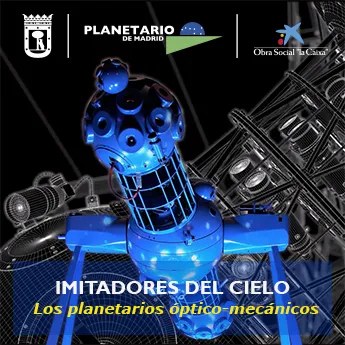 Blue mechanical planetarium projector with text 'IMITADORES DEL CIELO' and 'Los planetarios optico-mecanicos' on a dark background