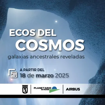 Promotional poster for Ecos del Cosmos exhibition at Madrid Planetarium with celestial background and event details