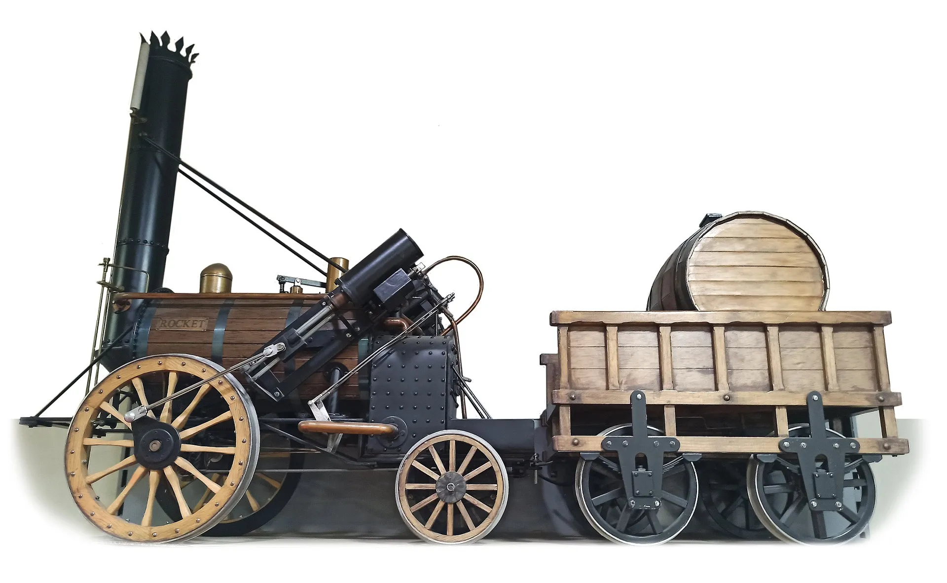 Steam locomotive with wooden wheels and a freight car