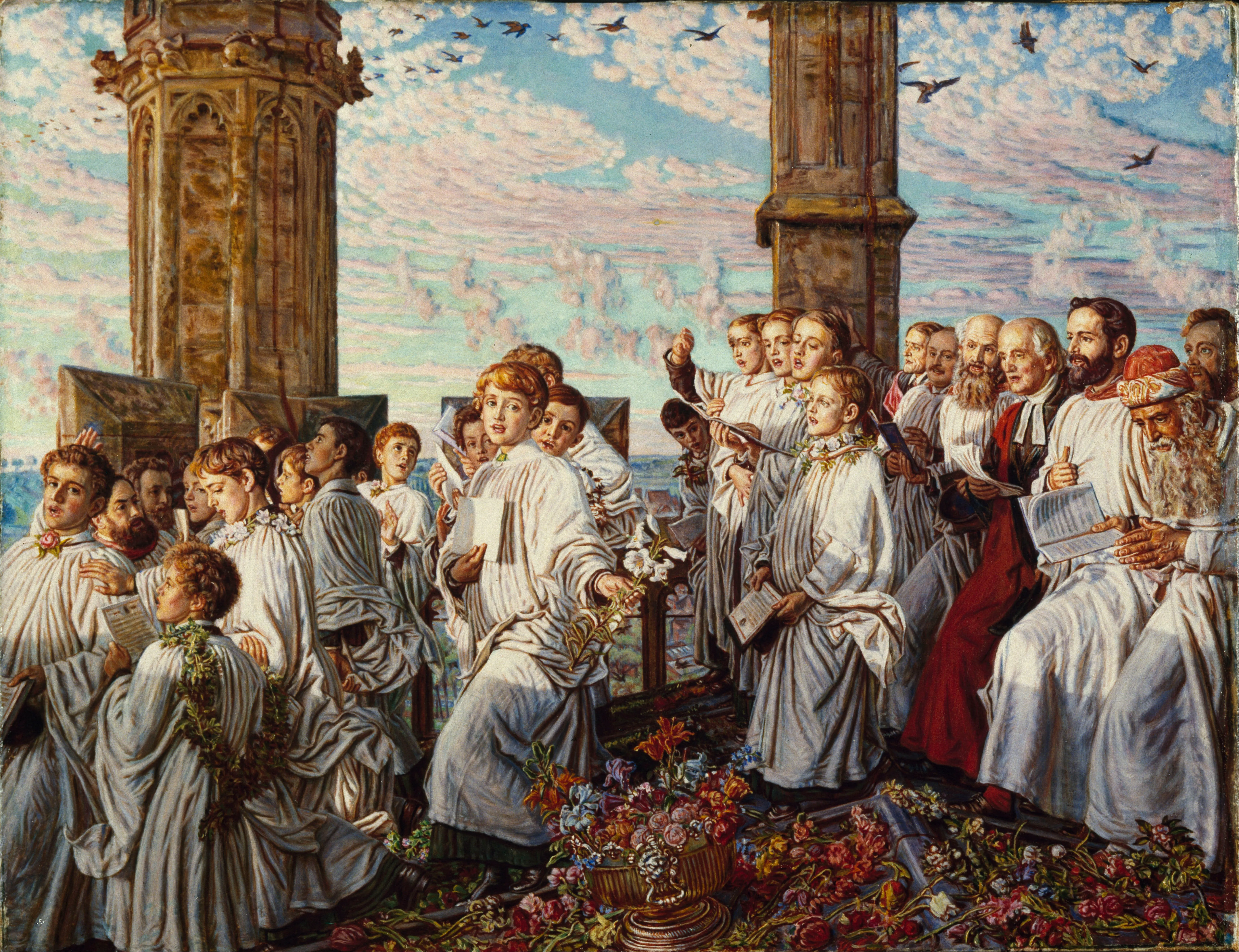 Schilderij van figuren in witte gewaden die zingen tijdens de May Morning-ceremonie bij Magdalen College, met gotische stenen zuilen, bloemenmanden en een blauwe lucht met wolken.