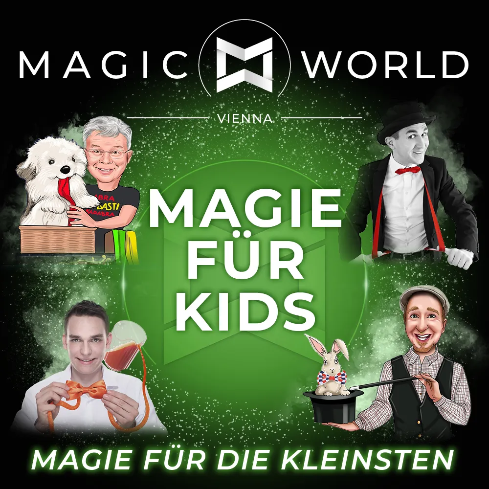 Logo Magic World Vienna z wykonawcami i tekstem na zielonym tle