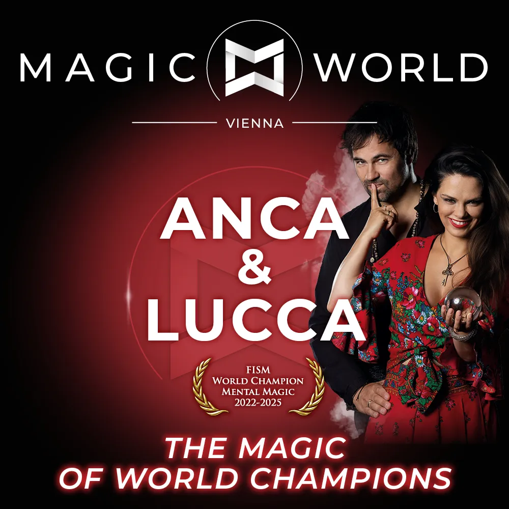 Logo Magic World Vienna z magikami Ancą i Luccą, tekst 'The Magic of World Champions' i 'FISM World Champion Mental Magic 2022-2025'
