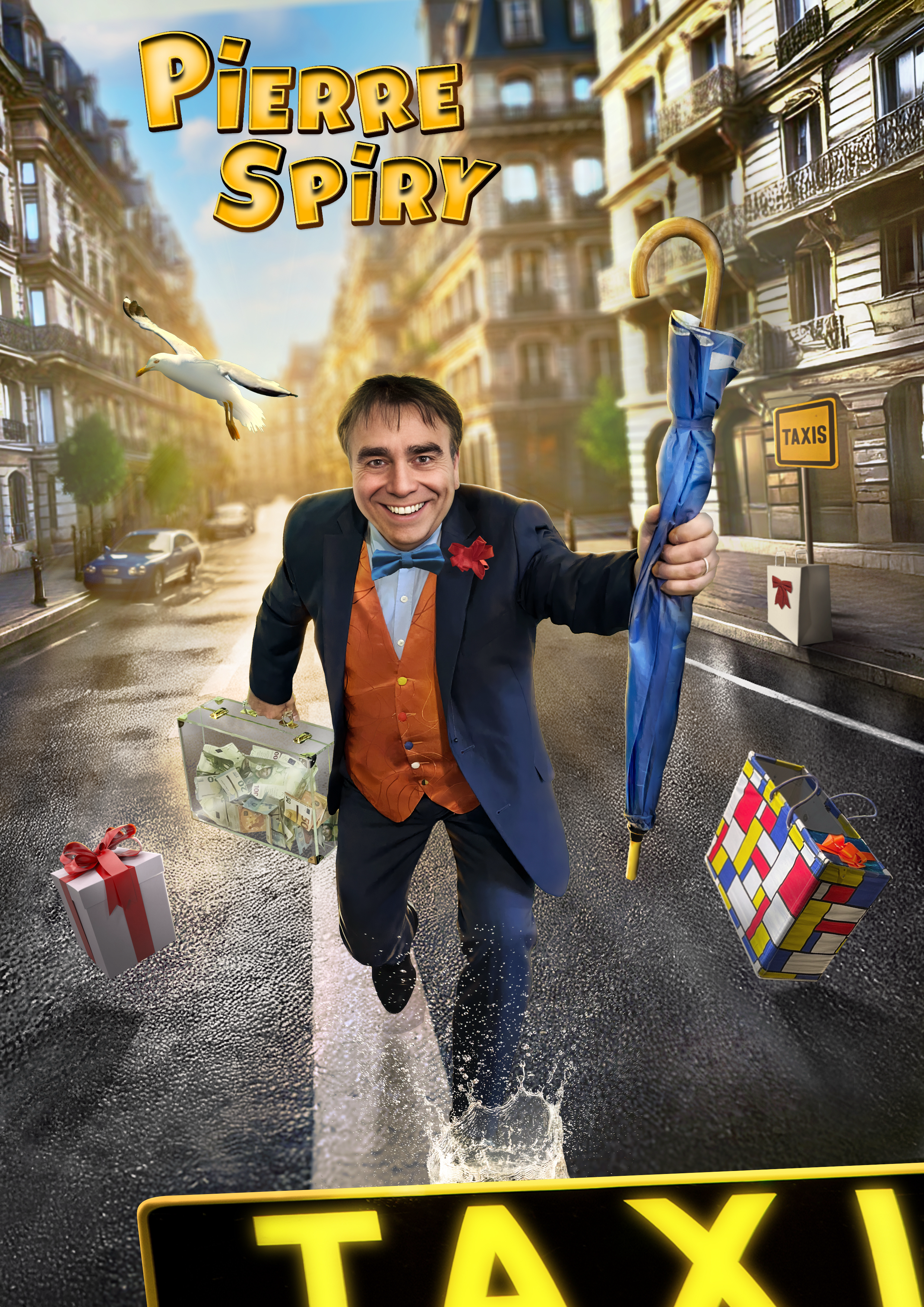 Magik Pierre Spiry w garniturze biegnący ulicą miasta z teczką, parasolem i rekwizytami do magii, z napisem 'Pierre Spiry' na górze.