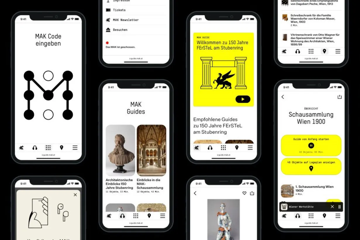 Meerdere smartphoneschermen die de app-interface van het MAK Museum voor Toegepaste Kunst tonen, met verschillende functies zoals een code-invoer, gidsen en tentoonstellingsdetails.
