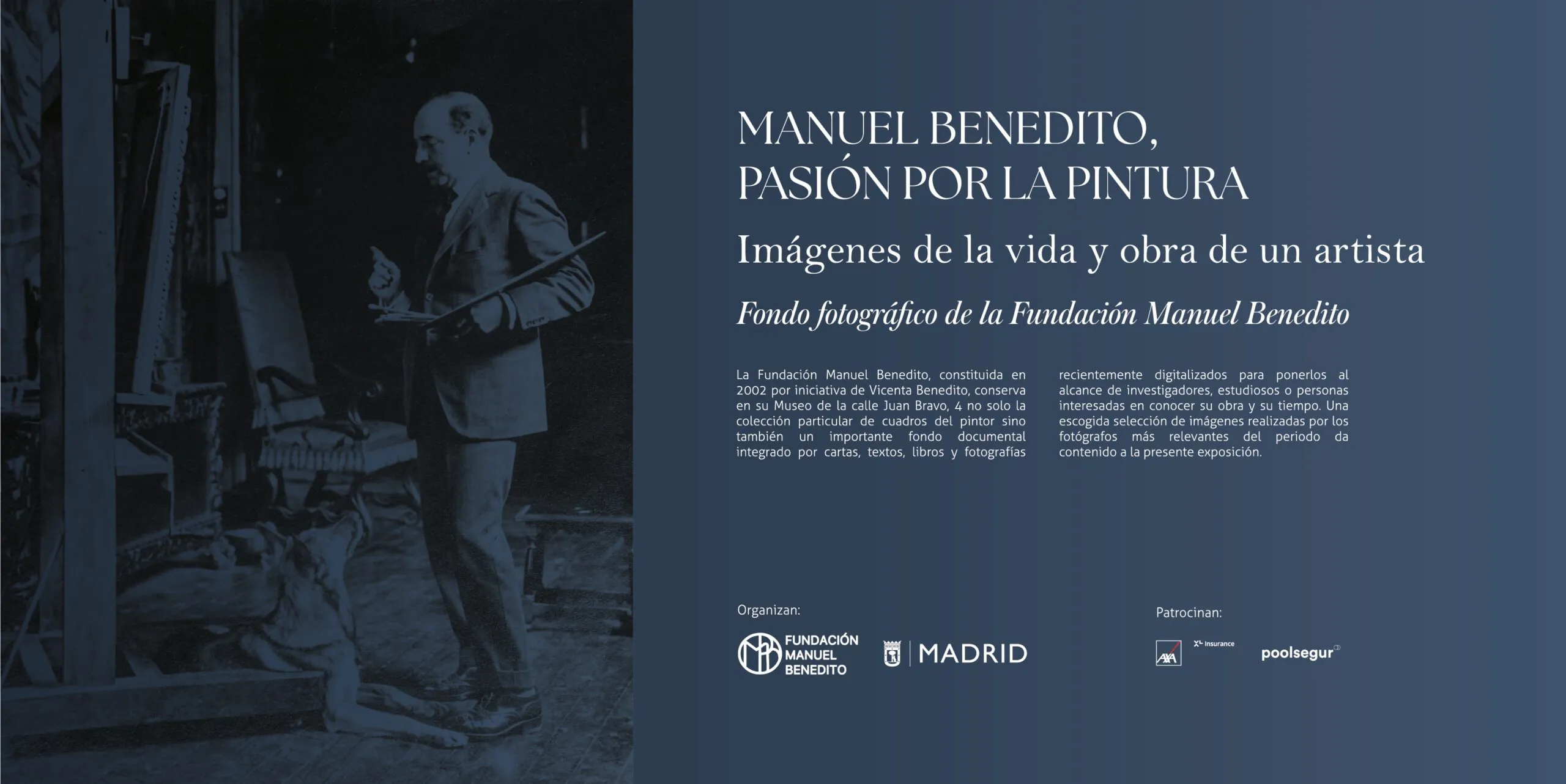 Manuel Benedito painting in his studio with text overlay about his life and work