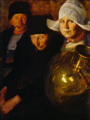 three figures in traditional clothing with a large metallic object