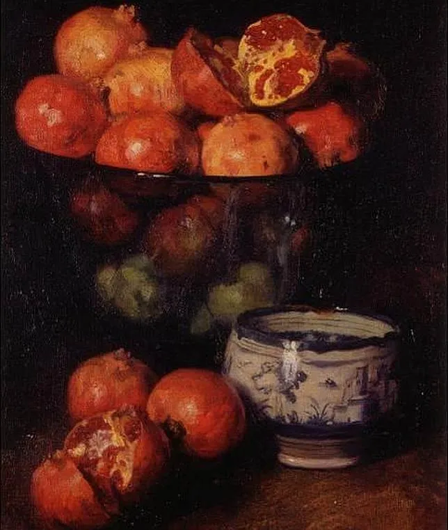 Still life painting of pomegranates and a blue and white ceramic bowl on a dark surface