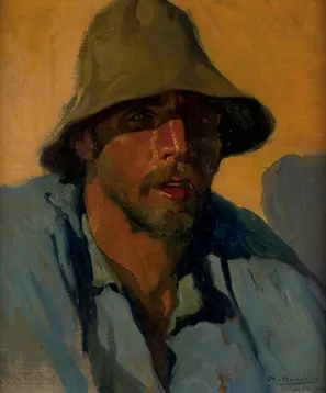 a painting of a man wearing a hat and a light blue shirt