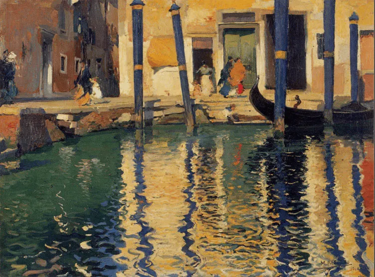 A painting of a canal with gondolas, reflections, and figures on a dock