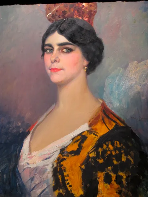 portrait painting of a woman in a yellow and black patterned dress