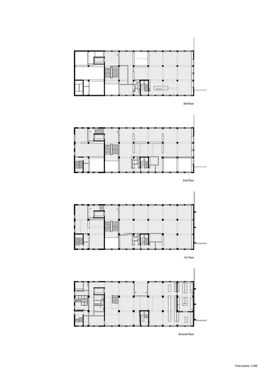 Rzuty architektoniczne parteru, 1., 2. i 3. piętra Marshall House w skali 1:400