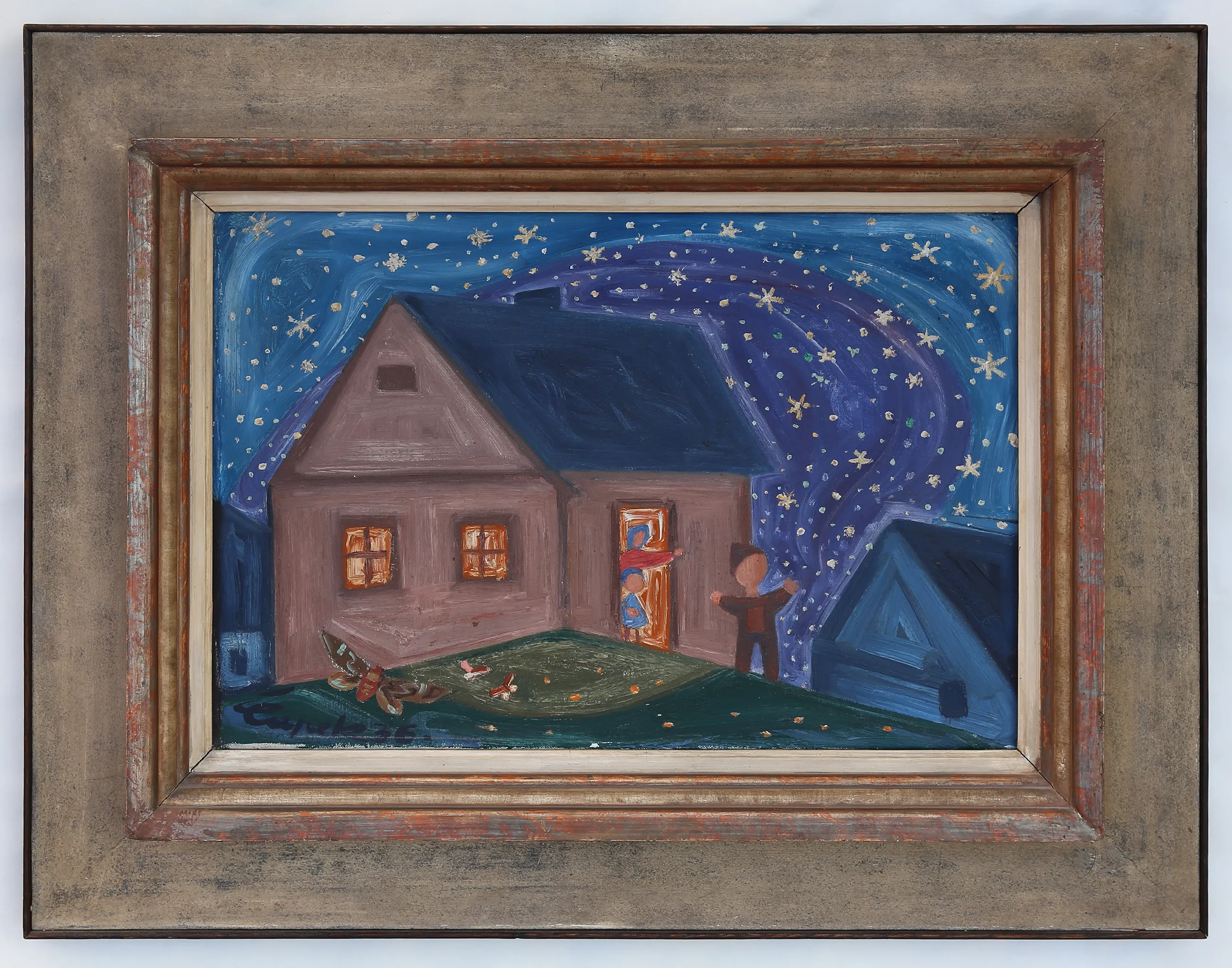 Framed painting of a house at night with a starry sky and figures in the doorway and on the lawn