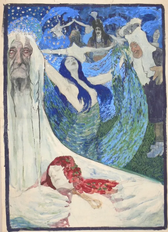 A painting with a bearded man in white, a woman in blue, and a figure in red, set against a blue and green background