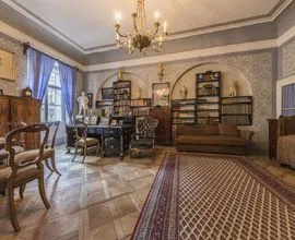 Interieur van een historische kamer met houten meubels, boekenplanken, een kroonluchter en vloerkleden met patronen