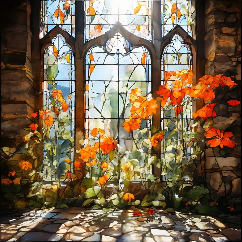 Una vibrante vidriera que representa detalles botánicos y un escarabajo del tanaceto, instalada en el histórico Merchant Adventurers' Hall.