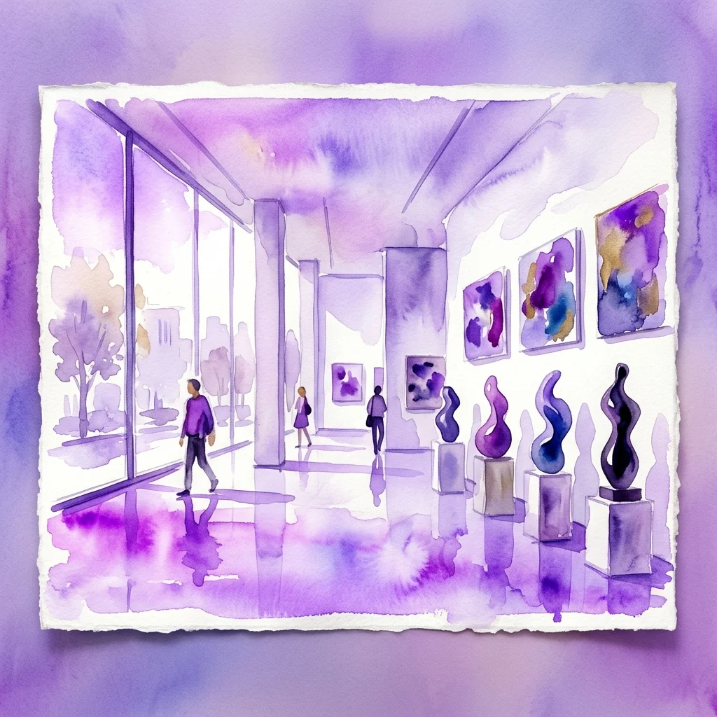 Ilustración en acuarela de un espacio de galería minimalista con visitantes observando pinturas abstractas y esculturas orgánicas de color morado.