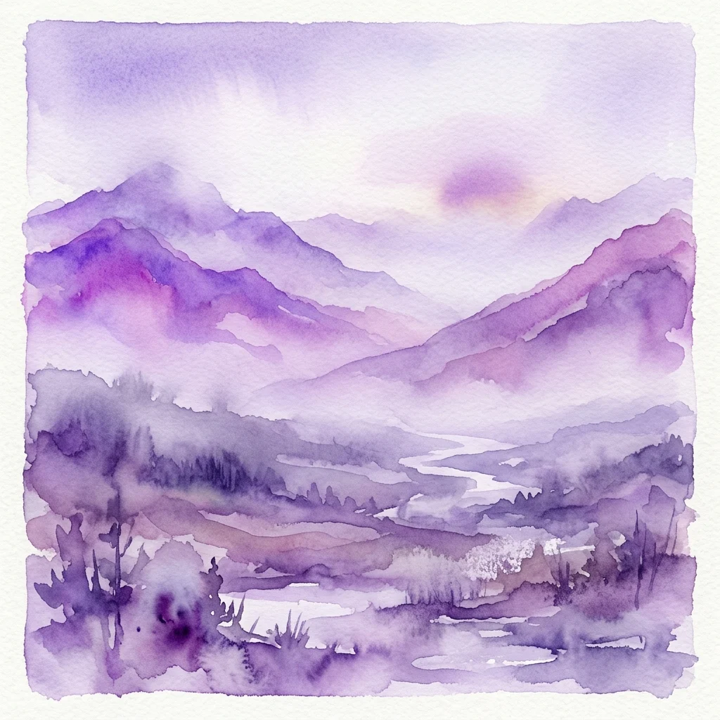 Pintura a la acuarela de un paisaje brumoso y etéreo que presenta montañas púrpuras superpuestas y un río serpenteante, reflejando la temática de la naturaleza primordial de Carla Andrade.