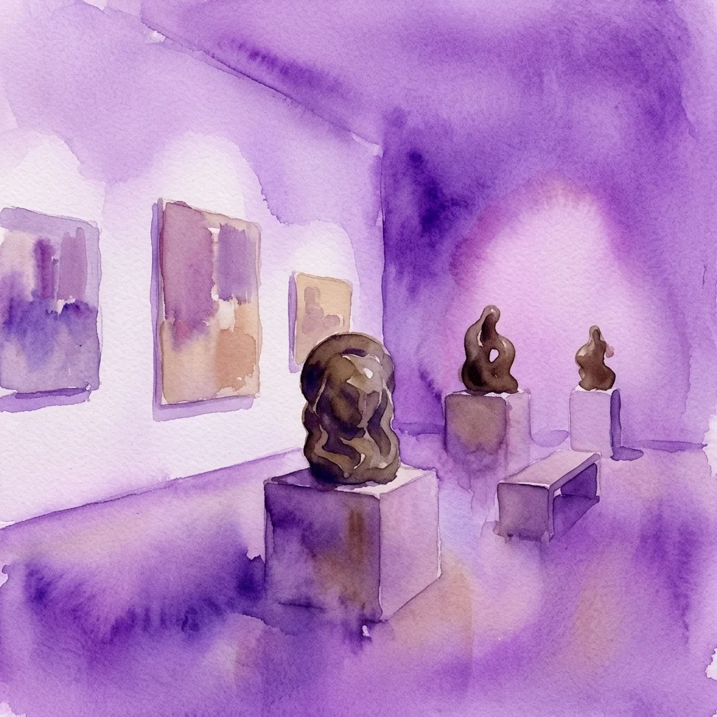 Ilustración en acuarela del interior de una galería con pinturas abstractas y esculturas de bronce sobre pedestales para la exposición Autumn Salon.