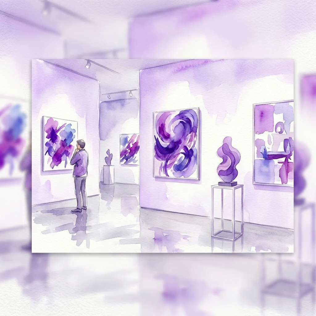 Watercolor illustration of a contemporary art gallery interior showing a visitor viewing abstract purple and blue paintings and sculptures in the Conversation Piece exhibition.