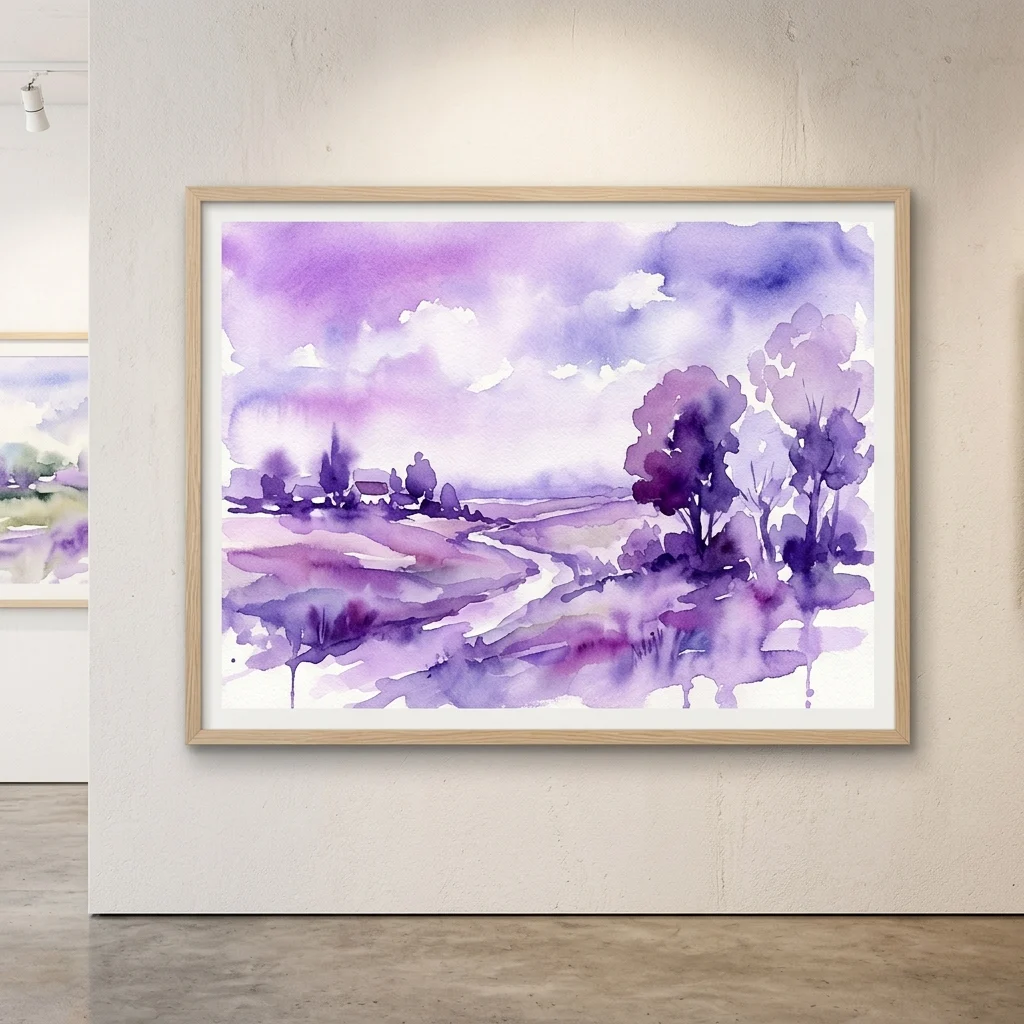 Framed watercolor landscape painting in purple and lavender hues depicting trees, fields, and a cloudy sky, displayed on a white gallery wall.